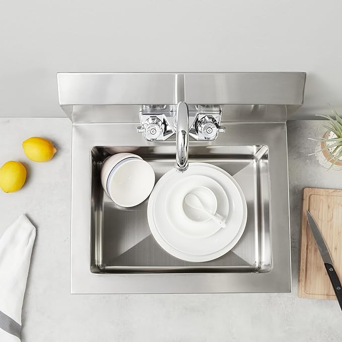 Rockpoint 304 Stainless Steel handmake Sink for Washing with Faucet, Commercial Wall Mount Hand Basin for Restaurant, Kitchen and Home, 17 x 15 Inches, Silver