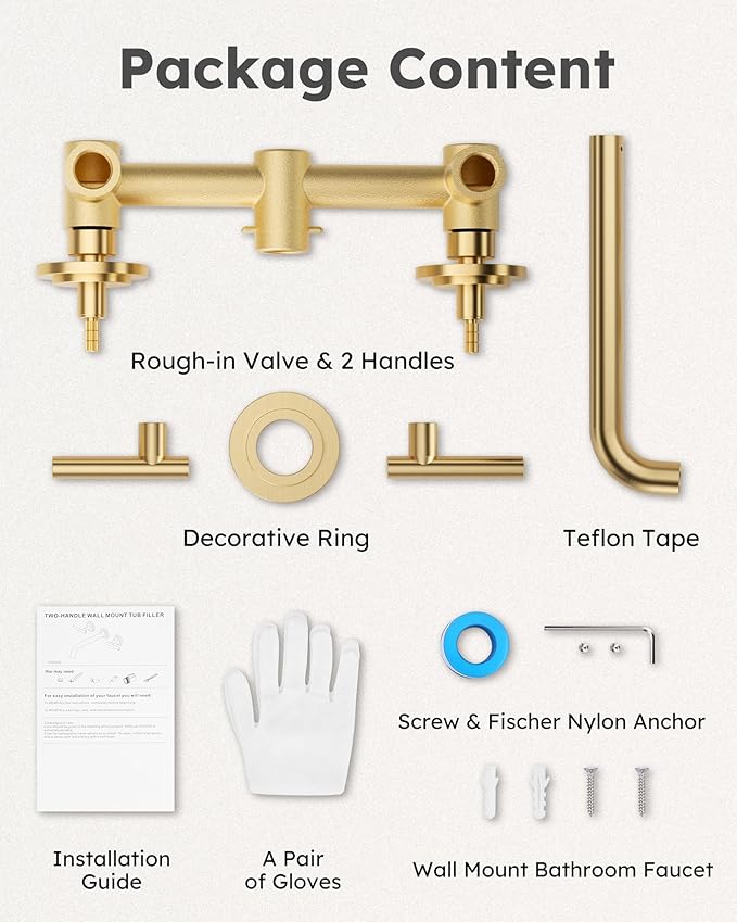 WOWOW Wall Mount Tub Filler: Gold Tub Faucet High Flow Two Handles Solid Brass, Long Spout Reach,Tub Faucet Bathroom Bathtub Faucets with 2 Handles Tub Faucets with Brass Rough in Valve Included