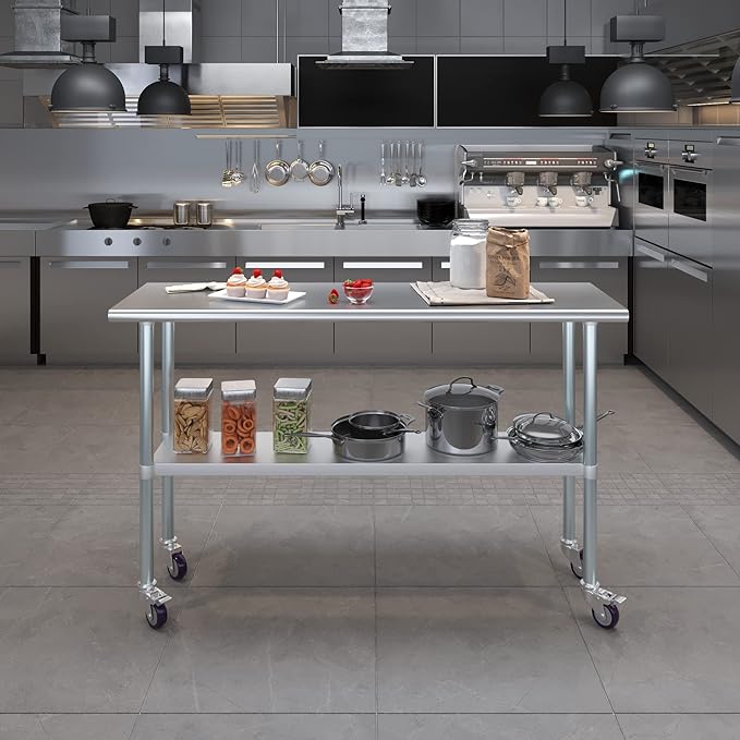 Stainless Steel Work Table with Wheels | NSF Kitchen Island Food Prep | Laundry Garage Utility Bench (Table + Wheels, 60" Long x 18" Deep)