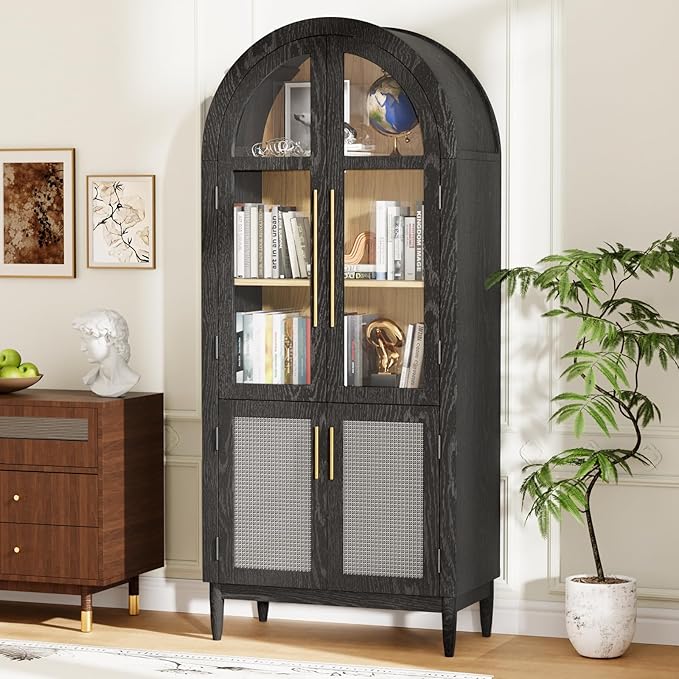 71”Arched Storage Cabinet with Glass & Rattan Door 5-Tier Farmhouse Kitchen Arch Cabinets with Adjustable Feet for Living Room, Black