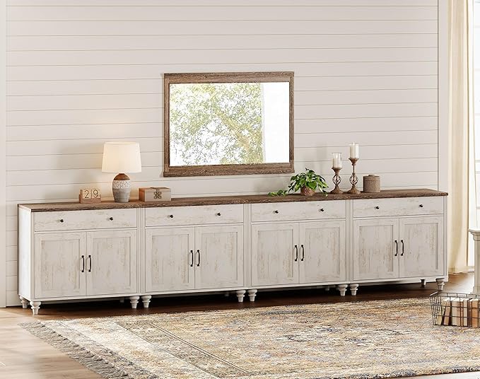 WAMPAT Large Buffet Cabinet with 8 Doors and 4 Drawers, Mid-Century Modern Coffee Bar Table Wood Kitchen Storage Cabinets, Farmhouse Sideboard Credenza for Dining Room, Rustic White, 134 inch