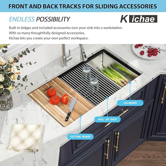 Kichae 32 Granite Composite Kitchen Sink - 32"x19" Granite Kitchen Sink Ledge Workstation Undermount Black Quartz 10" Deep Under Counter Single Bowl Sink Basin