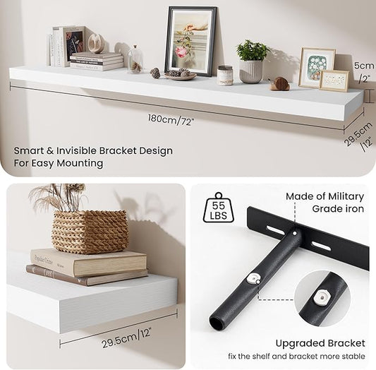 Fun Memories 72 Inch Fireplace Mantel Shelf, 12 Inch Deep Shelves for Display & Wall Storage, Rustic Wood Wall Shelf, Extra Long Floating Shelves for Living Room Laundry Room, White, Set of 1