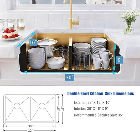 Gold Undermount Kitchen Sink 32 x 18 Inch, 50/50 Double Bowl Kitchen Sinks, 16 Gauge Stainless Steel Workstation Sink with Ledge & Accessories, 32" x 18" x 10" Large and Deep Gold Double Sink