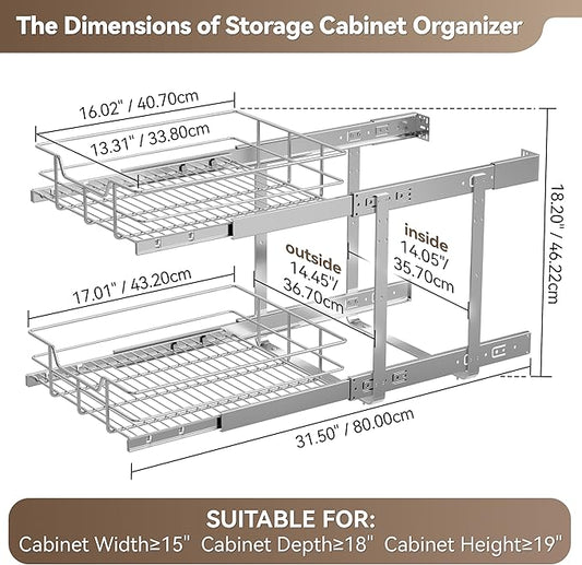 2 Tier Pull Out Cabinet Organizer 15" W X 17" D, Slide Out Drawers for Kitchen Cabinets, Pull Out Drawers for Cabinets Capacity Heavy Duty Caddy, Cabinet Pullout Shelves Chrome-Plated,Bathroom Pantry