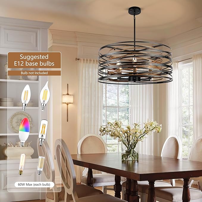 Sigaitwei 6-Light Dining Room Chandeliers Farmhouse,23.6" Large Black Farmhouse Chandelier,Wood Grain and Vintage Black Dining Room Light Fixture for Kitchen Entryway Living Room