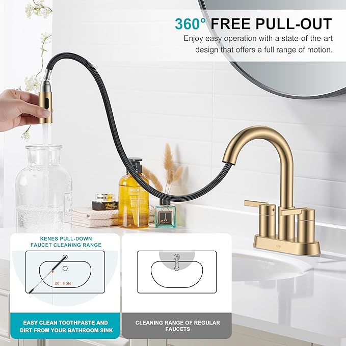 KENES Champagne Bronze Pull Down Bathroom Faucet, 4 Inch 2 Handle Centerset Bathroom Faucet 3 Hole with Pull Out Sprayer, Bathroom Vanity Faucet with Pop Up Drain & Supply Lines LJ-9069-CB