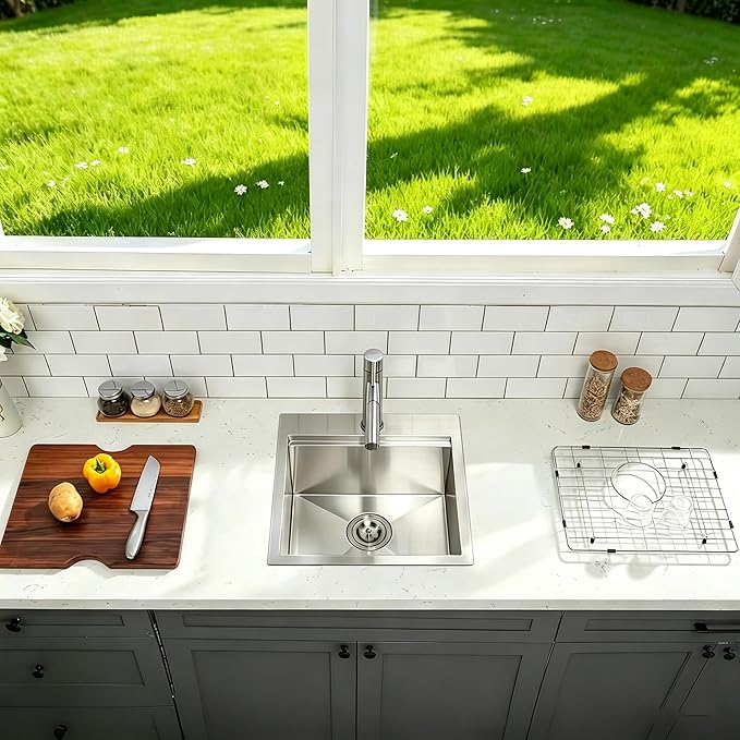 Friho 18 X 18 Inch Drop In Bar Sink, Stainless Steel Small Kitchen Sink, Top Mount Rv Sink Deep Workstation Single Bowl, Outdoor Camper Laundry Wet Bar Prep Sinks With Grid & Drain & Cutting Board