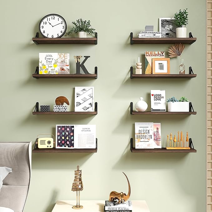 Fixwal Floating Shelves, Width 4.7in Rustic Wood Wall Shelves Set of 8, Wall Storage Shelves for Bedroom, Living Room, Kitchen, Bathroom, Office and Plants (Dark Carbonized Black)