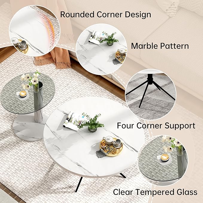 Hooseng Set of 2 Round Coffee Tables, Faux Marble Top and Modern Tempered Transparent Glass Top,Perfect for Living Room,Cafe,Home,and Office(Coffee Table+Side Table)