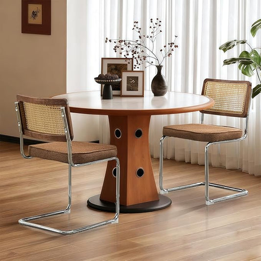 Rattan Back Linen Dining Chair Set of 6 Modern Stainless Chrome Base Armless Upholstered Side Chair for Dining Room, Kitchen Island,Coffee