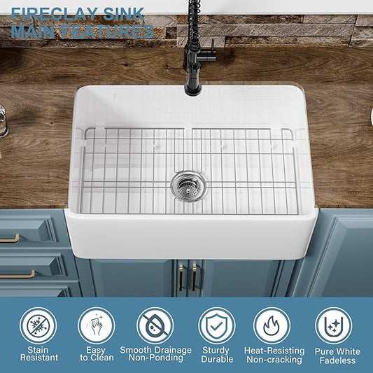 Small Farmhouse Sink 27 x 18 Inch, Firecaly Apron Front Farm Sink, Heavy Duty Single Bowl, with Accessories 2 Types, Undermount, Pure White, for Kitchen, Laundry, Small Space