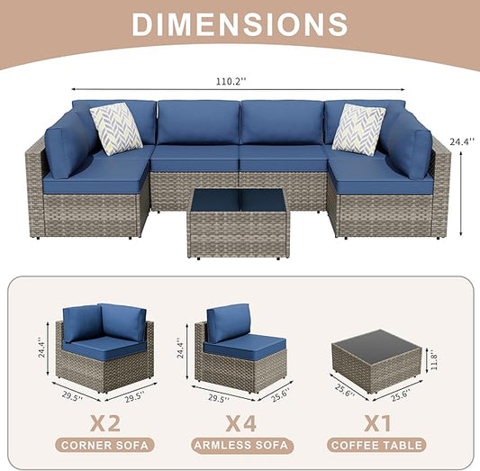 JAMFLY 7-Piece Outdoor Patio Furniture Set, Modular PE Rattan Sectional Sofa with Thick Cushions & Glass Coffee Table for Poolside, Balcony, Garden(Blue Cushion)