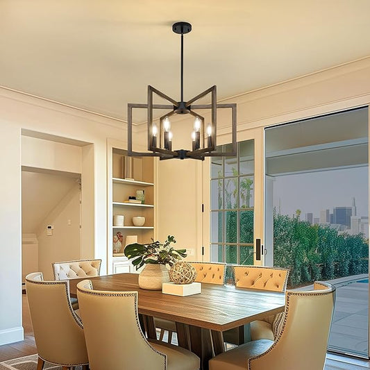 6-Light Kitchen Island Pendant Lights,Modern Farmhouse Kitchen Ideas Light Fixture,Industrial Hanging Chandelier for Dining Room,Wood Grain Finish and Black Chandelier for Foyer