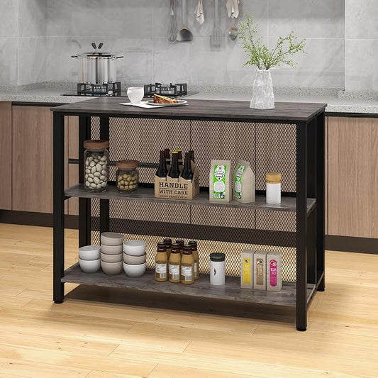 COSTWAY Home Bar Unit, 3-Tier Bar Table with Storage Shelves, Metal Frame, Adjustable Foot Pads, Breakfast Corner Bar Cabinet for Kitchen Island Dining Room (Grey)