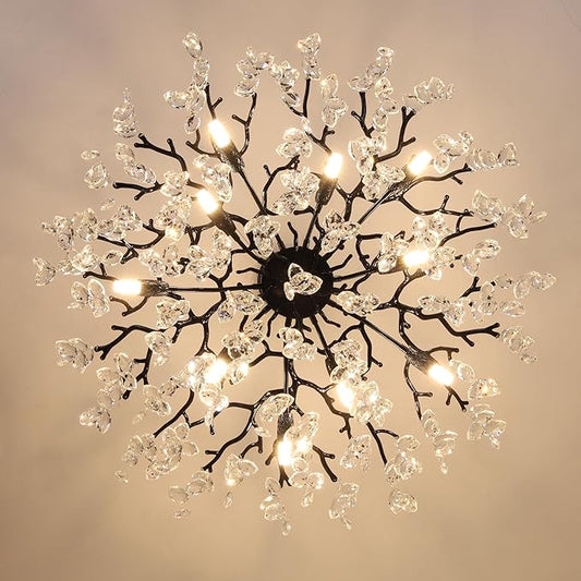 Crystal Tree Branches Chandeliers Luxury Round Hanging Pendant Light 10 Lights for Dining Room Bedroom Living Room Entryway 30.5" Black