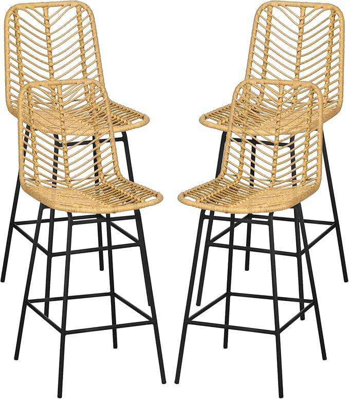 NewCosmos Rattan Bar Stools Set of 4, 26" Counter Height Barstools, Boho Kitchen Island Stools with Breathable Wicker Seat and Back, Yellow