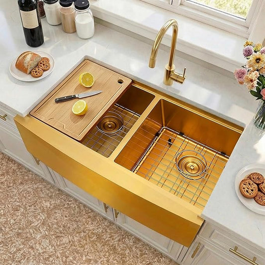 33 Inch Gold Farmhouse Sink Undermount Double Bowl, 16 Gauge 50/50 Stainless Steel Apron Front Workstation Far Sink, 33"x20"x10" Large and Deep Kitchen Sink With Accessories