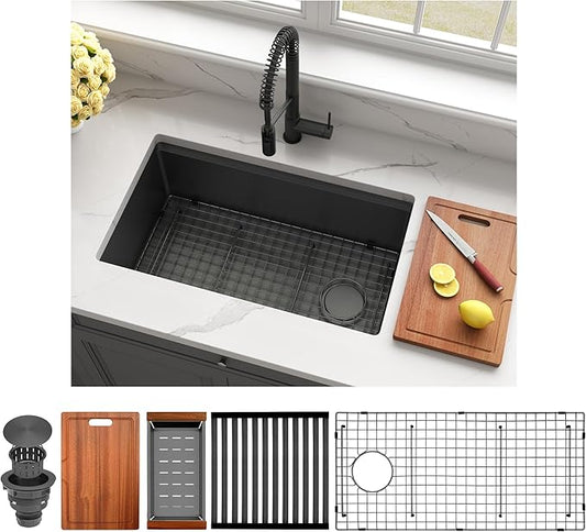 Kitsitchen Black Undermount Kitchen Sink, 16 Gauge T-304SS Stainless Steel Workstation Sinks with Accessories,30" X 18"X 10" Large and Deep Single Bowl Kitchen Sinks with Offset Drain Design