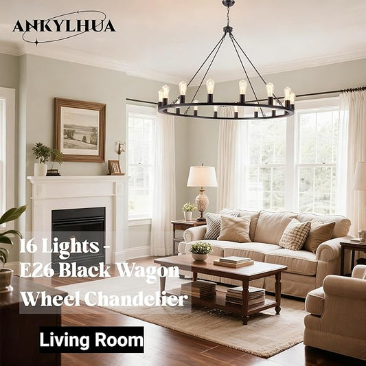 ANKYLHUA Large Black Wagon Wheel Chandelier 47 inch,16-Light Farmhouse Wagon Wheel Chandeliers Round Industrial Ceiling Light fixtures for Outdoor Porch high Ceilings Living Dining Room Foyer Entryway