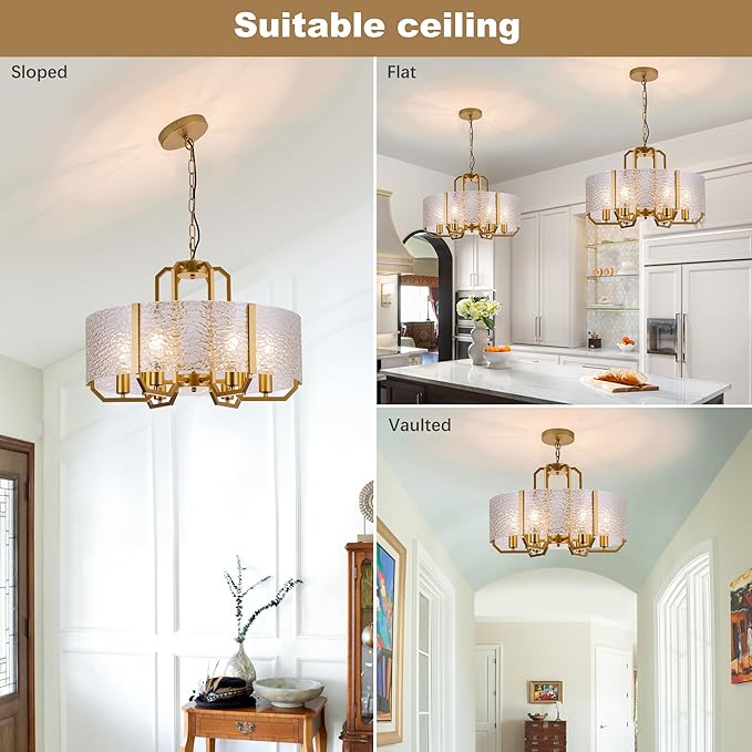 COCOSTAR Modern Glass Drum Chandeliers for Dining Room,6 Lights Farmhouse Crystal Chandelier,24" Vintage Foyer Lighting Fixtures,Gold Pendant Lights for Kitchen Island,Bedroom,Living Room