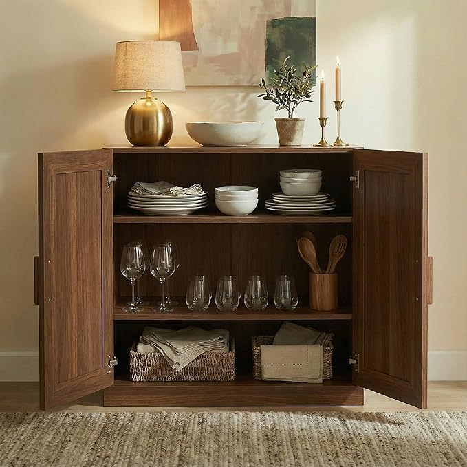 Casaphoria Adam Sideboard Buffet Cabinet with Storage, Sideboard Cabinet with Rattan Doors & Adjustable Shelves, 31" W x 31" H Coffee Bar for Entryway Kitchen Living Room, Walnut