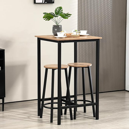 Finnhomy Bar Table Set, 23.6" Pub Table High Top Table, Square Bar Height Table, Bar Table with Stools, Kitchen Table Set for 2, Industrial Breakfast for Kitchen, Living Room, Greige