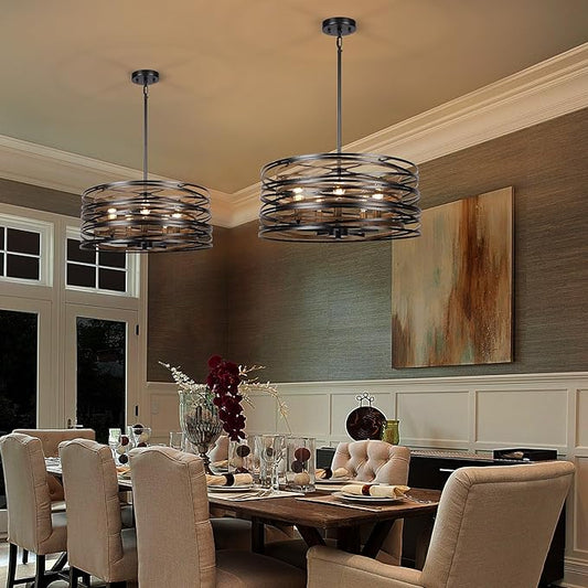 Sigaitwei 5-Light Drum Chandelier for Dining Room,19.7" Rustic Farmhouse Dining Room Light Fixture,Wood Grain and Vintage Black Metal Chandeliers for Kitchen Entryway Living Room