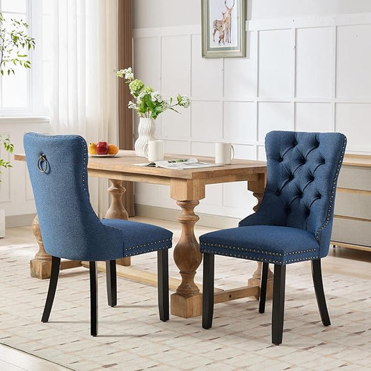 Ball & Cast Contemporary Upholstered Dining Chairs Set of 2, Flax Button Tufted Kitchen Side-Chairs with Hang Ring & Nailhead Trims & Wood Legs, 2-Piece Backrest Traditional Chair, Black+Blue