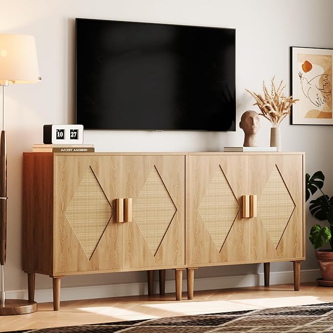 GarveeHome Buffet Cabinet with Storage, Storage Cabinet with 2 Rattan Decorated, Sideboard Cabinets, Accent Cabinets for Living Room, Dining Room, Entryway, Natural
