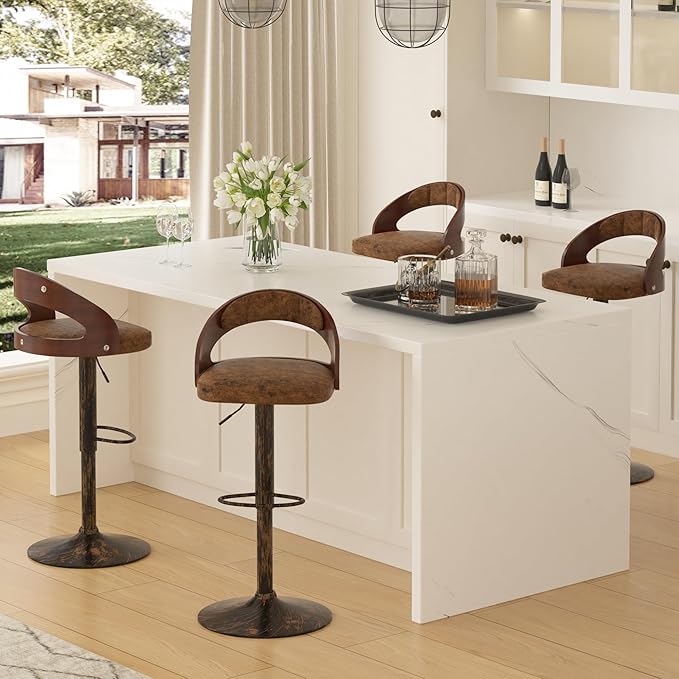 VECELO Bar Stools Set of 2,Adjustable Counter Height Stools with Bentwood Back,Armrest&Footrest,Swivel PU Leather Bar Chairs for Kitchen Island,Coffee Shop and Salon,Crescent Curve, Rustic Brown