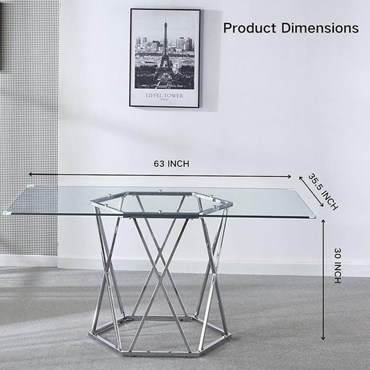 AXIOS 63 Inch Rectangle Glass Dining Table Tempered Glass Tabletop and Hexagonal Metal Base Design 63" Lx35.5 Wx30 H Modern Table Kitchen Table for 4-6 Home Kitchen, Dining Room (Silver)