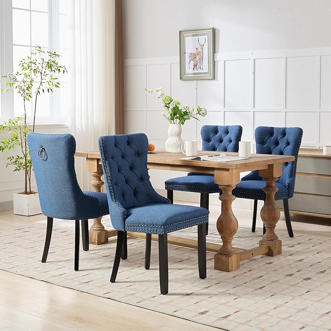 Ball & Cast Contemporary Upholstered Dining Chairs Set of 2, Flax Button Tufted Kitchen Side-Chairs with Hang Ring & Nailhead Trims & Wood Legs, 2-Piece Backrest Traditional Chair, Black+Blue