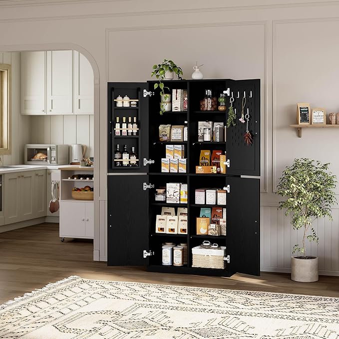 IRONCK 71" Kitchen Pantry Storage Cabinet with Storage Rack, Pegboard Doors, 4 Adjustable Shelves, Food Pantry Cabinet, Freestanding Tall Cupboard for Dining Room, Kitchen, Black