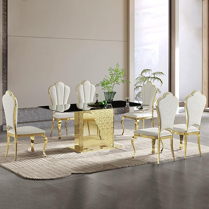 70" Rectangle Glass Dining Table for 6, Modern Luxury Kitchen Table with Black Tempered Glass Top, Gold Stainless Steel Mirrored Base with Carved Details