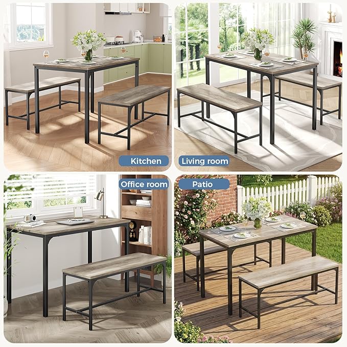 DUMOS Dining Table, Dining Table Set for 4 with Bench, Easy to Assemble Kitchen Table, Space-Saving Ideal 4-Person Set for Dining Room Kitchen Apartment Corner Gray 3 Pack