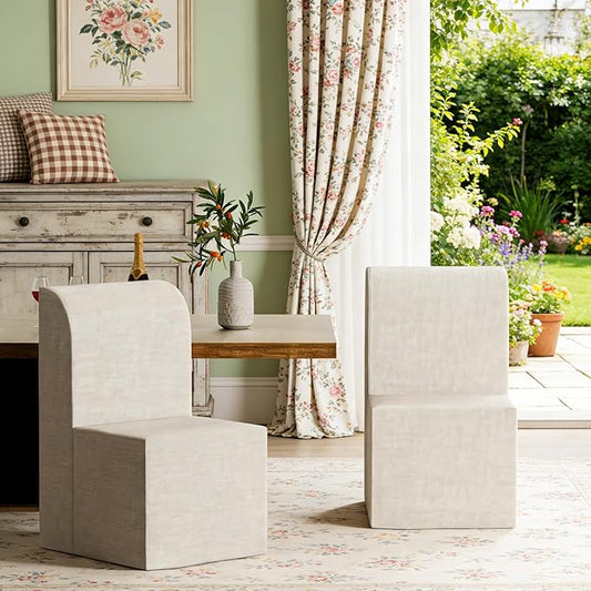 Modern Linen Upholstered Armless Dining Chair Set of 2, Comfortable Dining Room Chair Side Leisure Chairs with Mid Back for Dining Room Kitchen Bedroom Reading Room, No Assemble, Beige