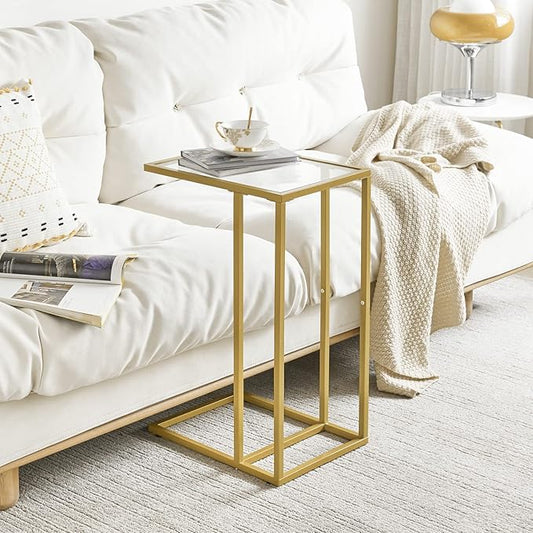 YMYNY C-Shaped End Table, Tempered Glass Sofa Side Table, TV Tray CouchTable That Slide Under for Small Space, Coffee Table for Hallway Office Bedroom Living Room, Metal Frame, Gold, UHGD001G