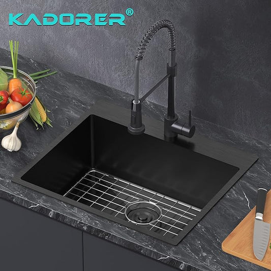 28 x 20 Inch Black Drop In Kitchen Bar Sink, Small Kitchen Sink Single Bowl Topmount Bar Prep Sink 18 Gauge Stainless Steel Bar Sink with Grid and Basket Strainer