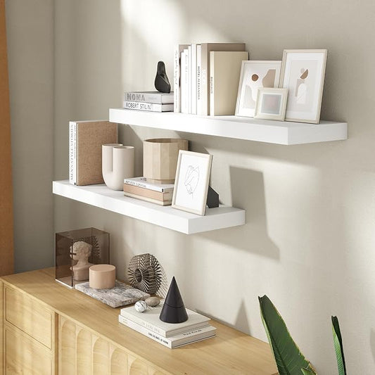 36 Inch Floating Shelves for Wall, 8 Inch Deep Floating Shelf for Storage & Display, Rustic Wall Mounted Shelf with Invisible Brackets for Living Room, Kitchen, Bathroom, Home Decor, Set of 2, White