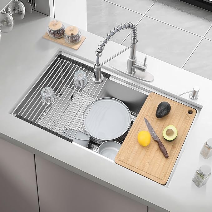 Herogo 33x19 Inch Kitchen Sink with Accessories, 18/10 Stainless Steel Undermount Kitchen Sink Workstation Single Bowl R10 Corner 10 Inch Deep