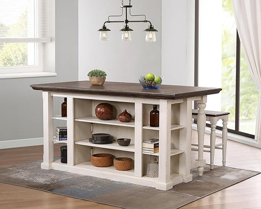Sunset Trading French Chic w 2 Backless Stools 3PC Fully Assembled 71" Dropleaf Kitchen Island Set, Distressed Antique White and Walnut Brown