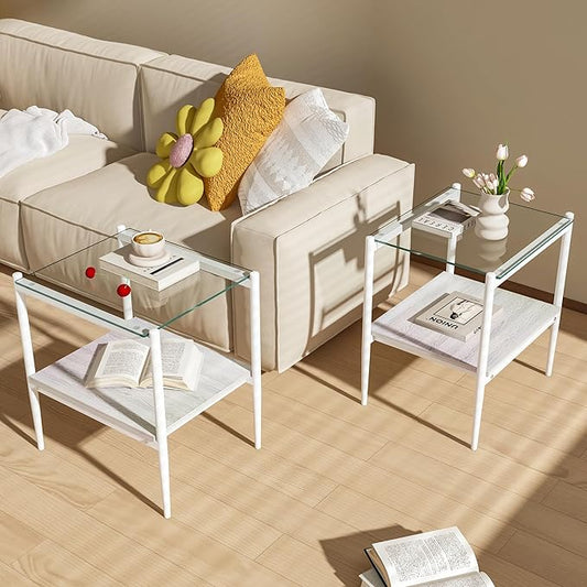 Set of 2 Glass End Table, 2-Layer Glass Living Room Table, Modern Tea Table Side Tables for Home Office Furniture