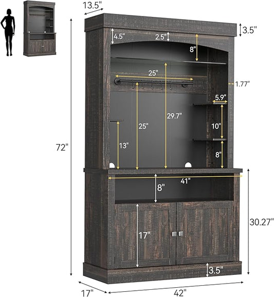 GarveeHome Coffee Bar Cabinet with LED Lights 72 in Tall Buffet Cabinet with Storage Farmhouse Kitchen Sideboard Tall Coffee Hutch with Microwave Stand/Wine Rack/Glass Shelf Dining Room (Oak Black)