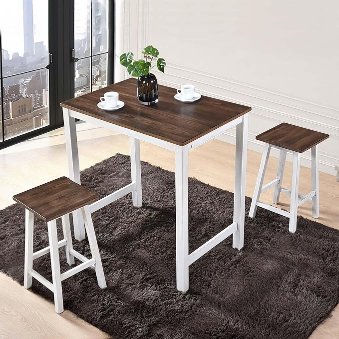 Small Kitchen Island with Seating, Modern Farmhouse 3 Piece Counter Height Dining Set, Solid Wood Counter Bar, Space Saving Breakfast Pub Set for 2, Ideal for Small Home