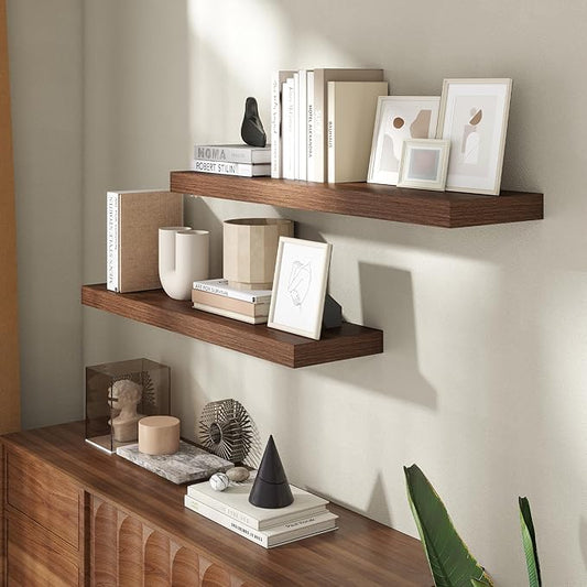 30 Inch Floating Shelves for Wall, 8 Inch Deep Floating Shelf for Storage & Display, Rustic Wall Mounted Shelf with Invisible Brackets for Living Room, Kitchen, Bathroom, Home Decor, Set of 2, Walnut
