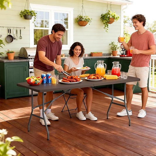 FDW 6 Foot Folding Table, Portable Plastic Table with Carrying Handle Perfect for Indoor, Outdoor, Party, Dining, Wedding, Events, Camping, Brown