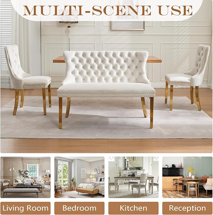 45.6in Upholstered Dining Bench, Mid-Century Modern Kitchen Room Bench with Tufted Back and Metal Legs, Velvet Small Sofa Couch Banch, Beige