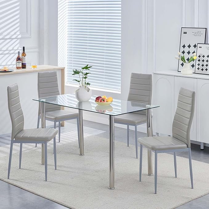 Glass Dining Table for 4, Modern 47" Clear Table with Chrome Silver Legs and Tempered Glass top for Kitchen, Small Space