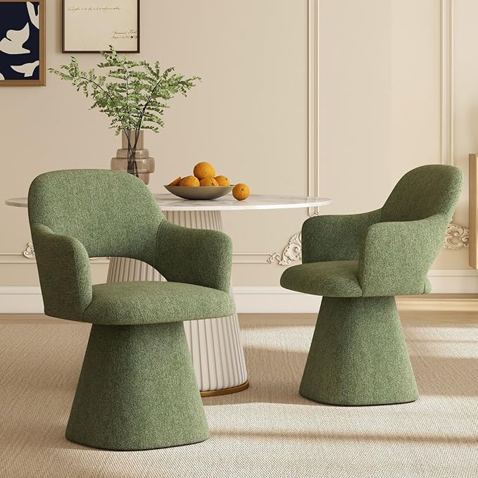 Green Modern Swivel Dining Chair, Upholstered Chenille Dining Room Chairs with Curved High Back, Comfy Side Armchair for Kitchen Reception Bedroom